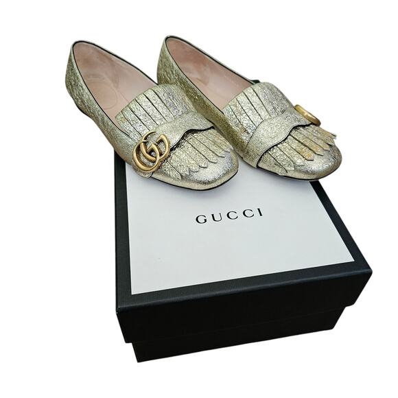 Gucci GG Marmont Fringe Ballet Flat Size 38 US 8 Gold Foil Leather Slipper - Picture 2 of 12